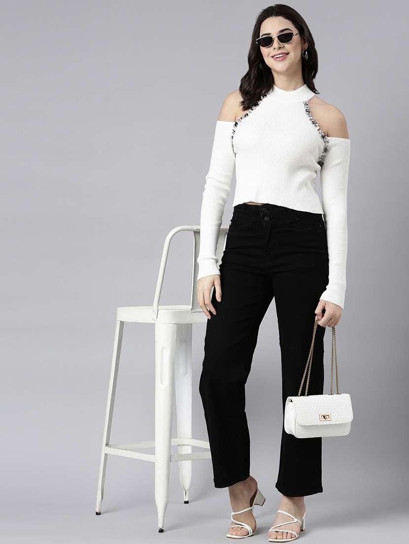 women white cold shoulder sleeves crop top - 21023847 -  Standard Image - 5