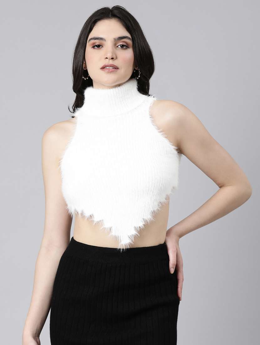 women white solids sleeveless crop top