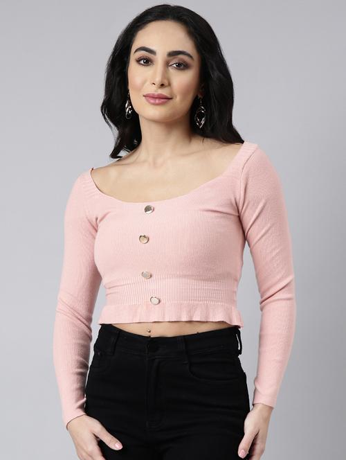 women pink solids long sleeves crop top - 21023861 - Standard Image - 0