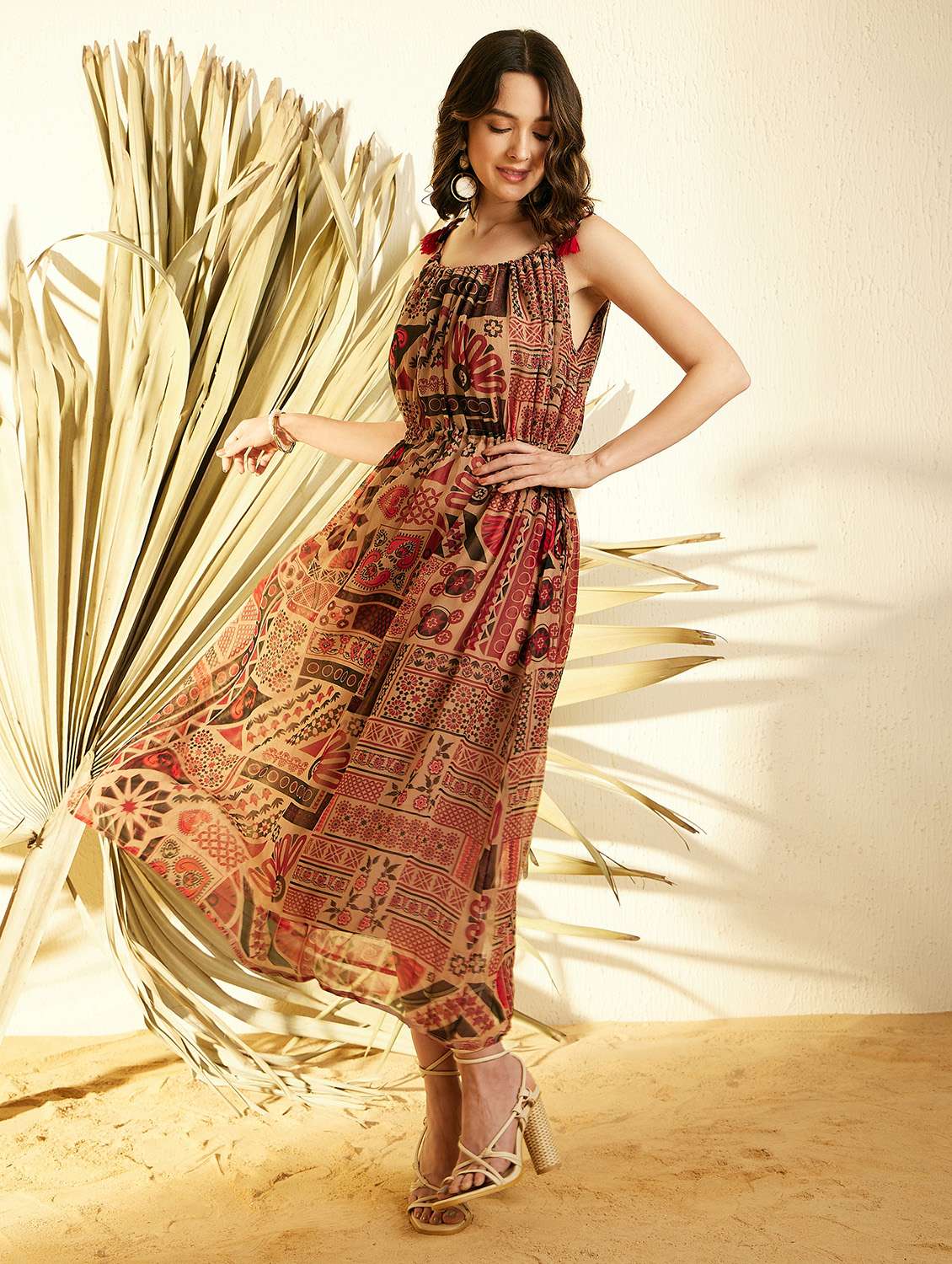 brown chiffon fit & flare dress