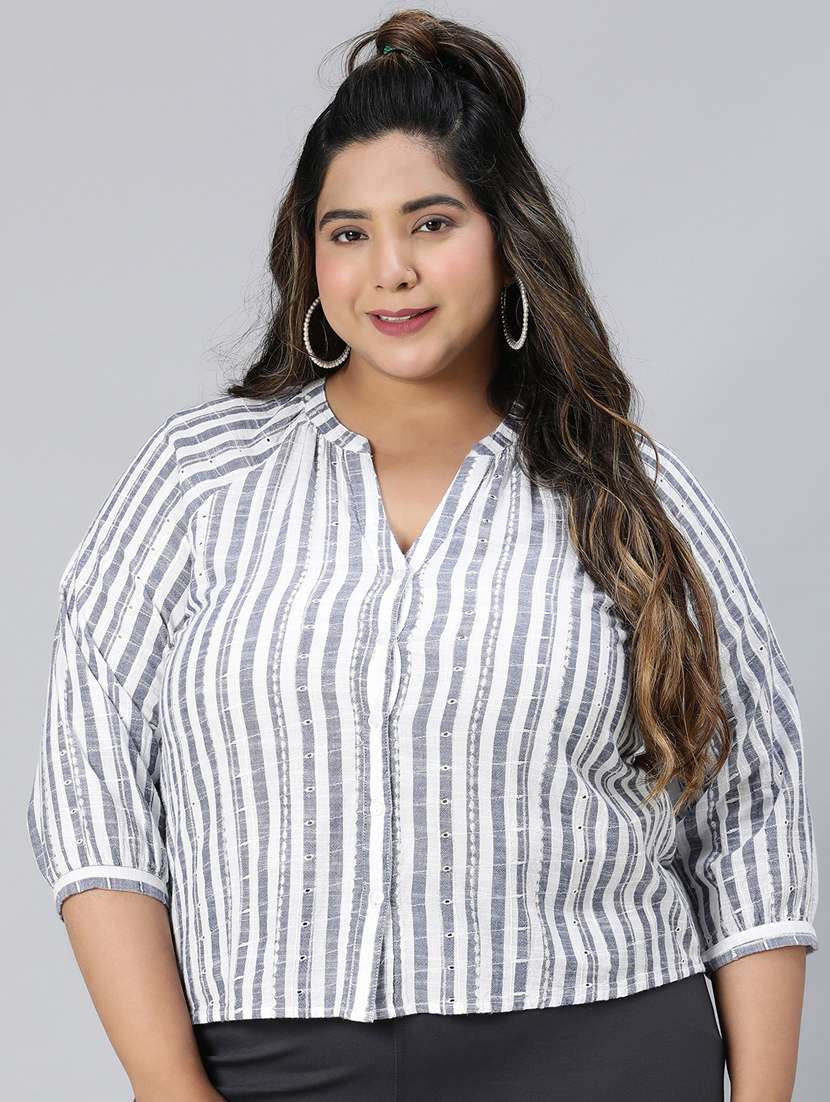 blue & white striped printed plus size top - 21024614 - Zoom Image - 0