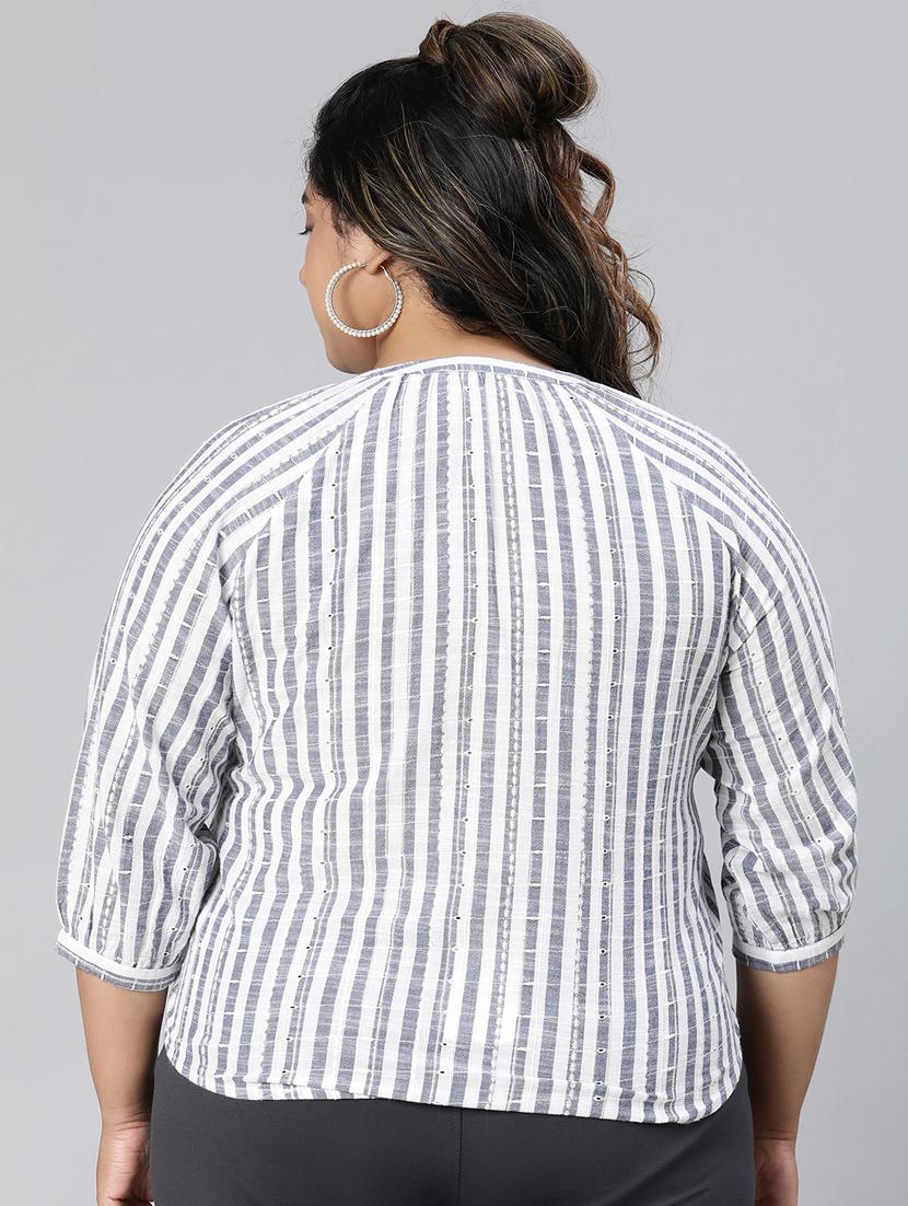 blue & white striped printed plus size top - 21024614 - Standard Image - 3