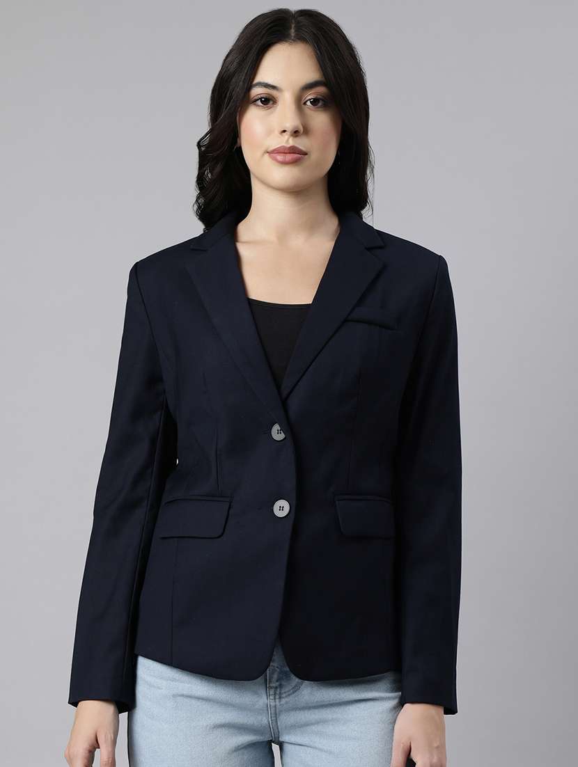 navy blue cotton blend single breasted blazer