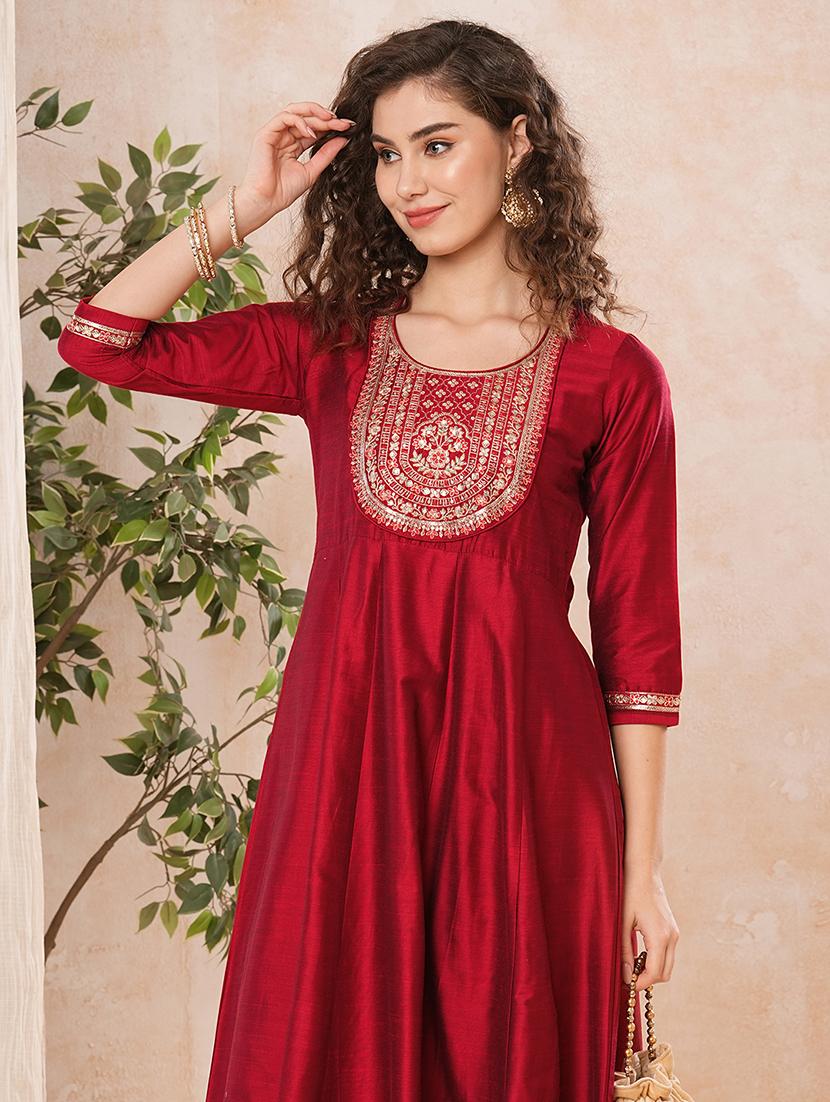 globus women red embroidered & sequinned yoke panelled anarkali kurta - 21025269 - Standard Image - 3