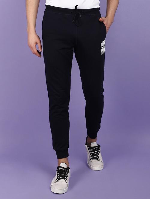 men navy blue placement print mid rise jogger - 21025369 - Standard Image - 0