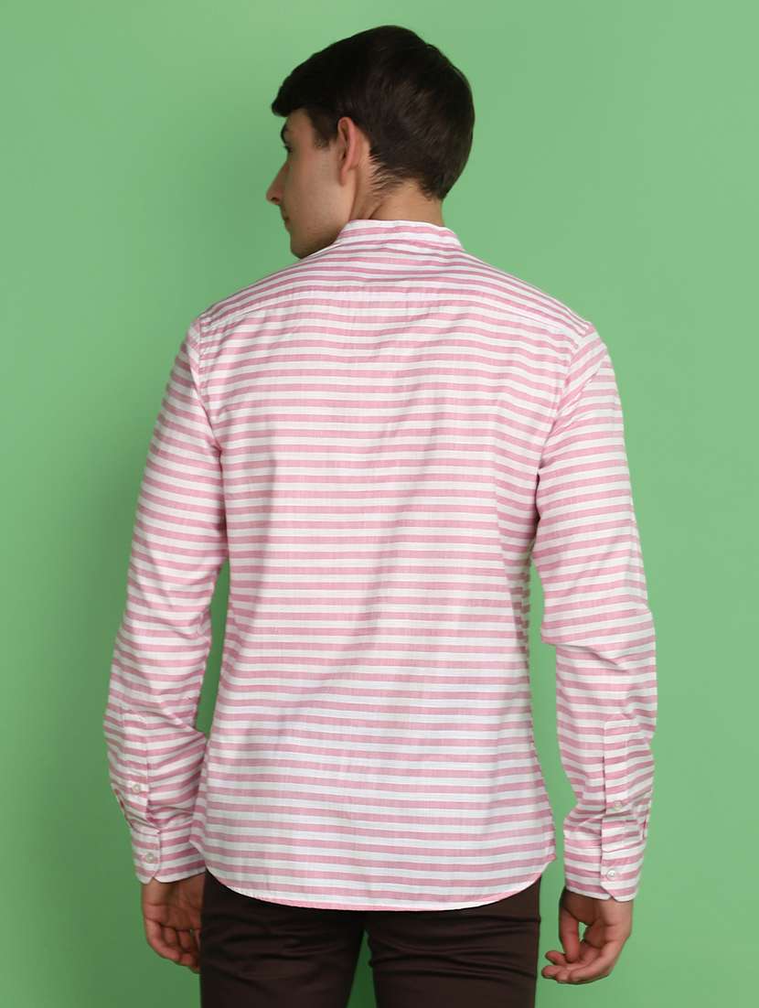men pink regular fit striped mandarin neck casual shirt - 21025418 -  Standard Image - 3