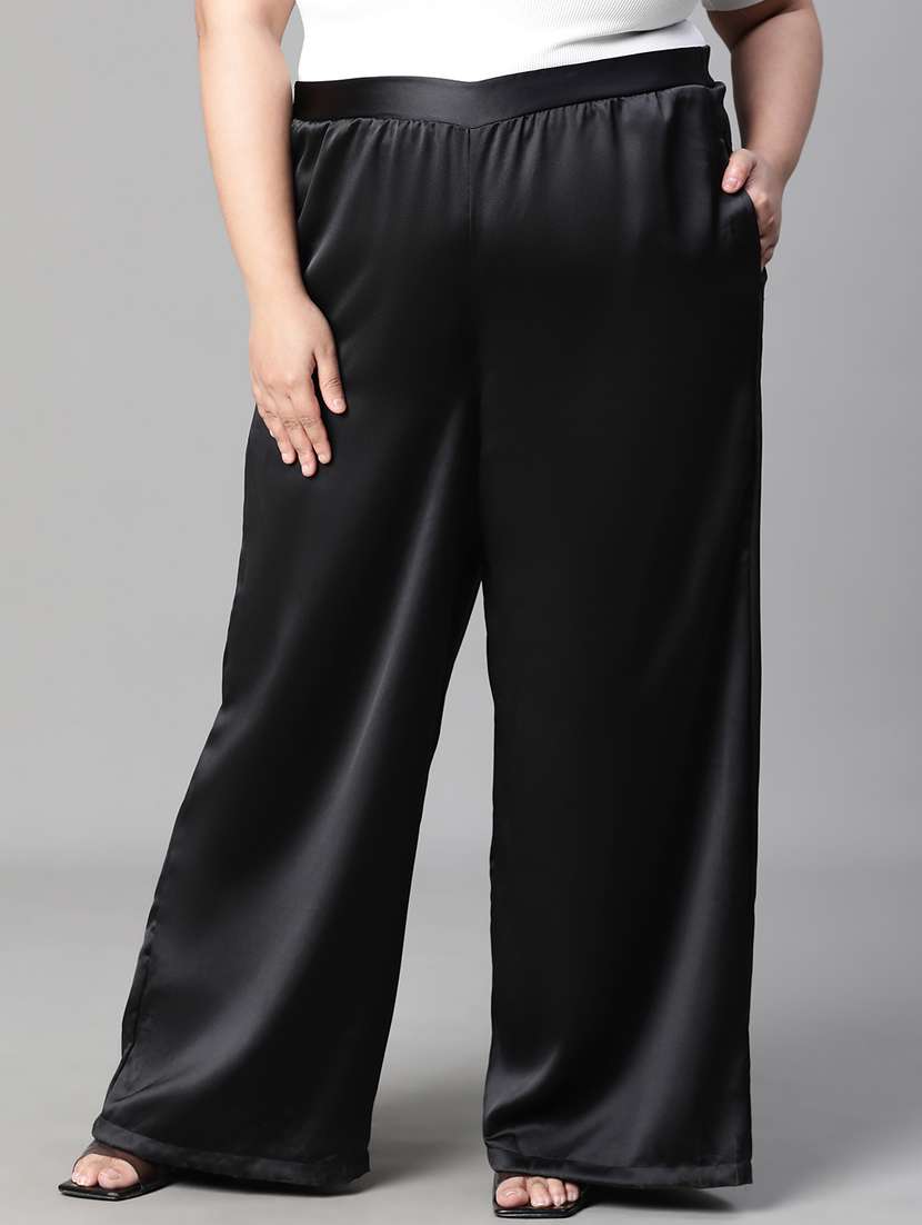 solid black plus size flat front trouser