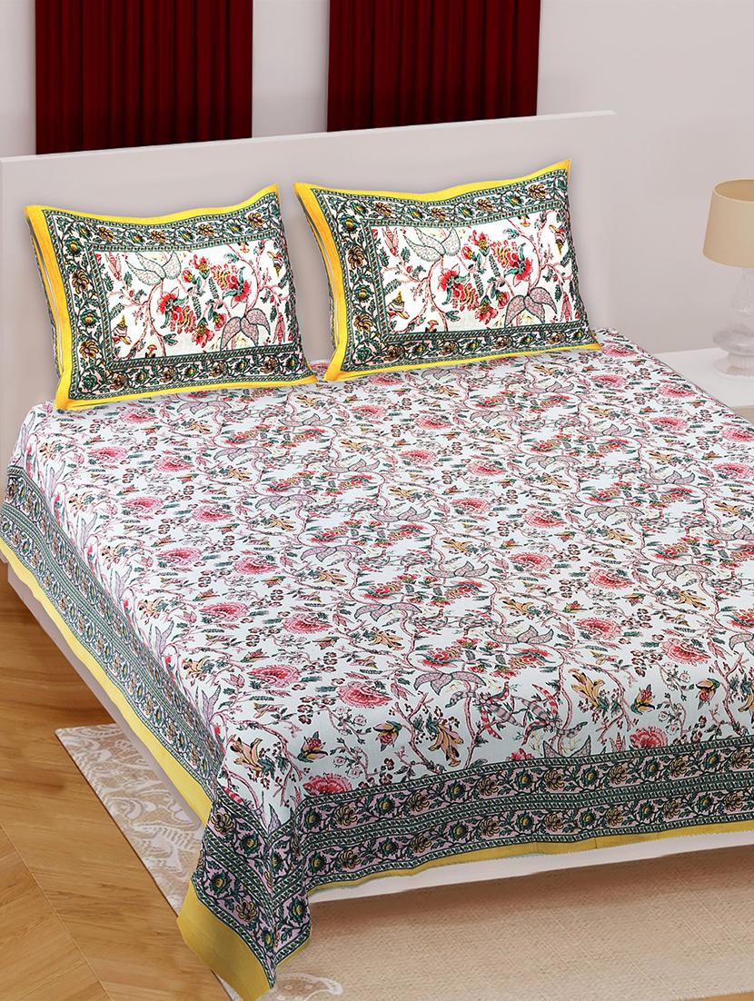 texstylers cotton floral print jaipuri 90 x100 inches queen size bedsheet with 2 pillow covers - 21027141 - Zoom Image - 0