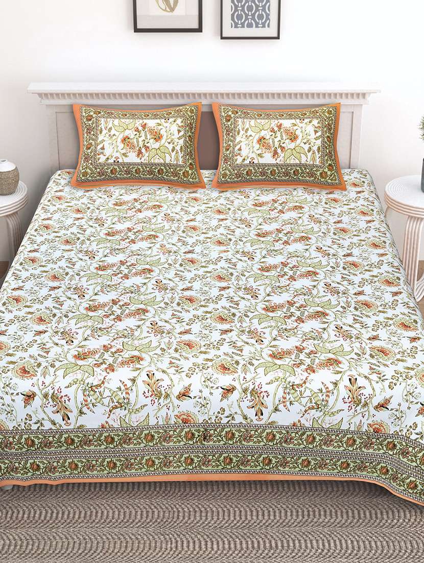 texstylers cotton floral print jaipuri 90 by 100 inches queen size bedsheet with 2 pillow covers - 21027146 - Zoom Image - 0