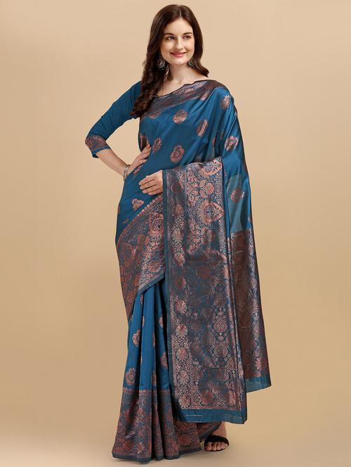 women teal self design banarasi saree with blouse - 21028719 - Standard Image - 0