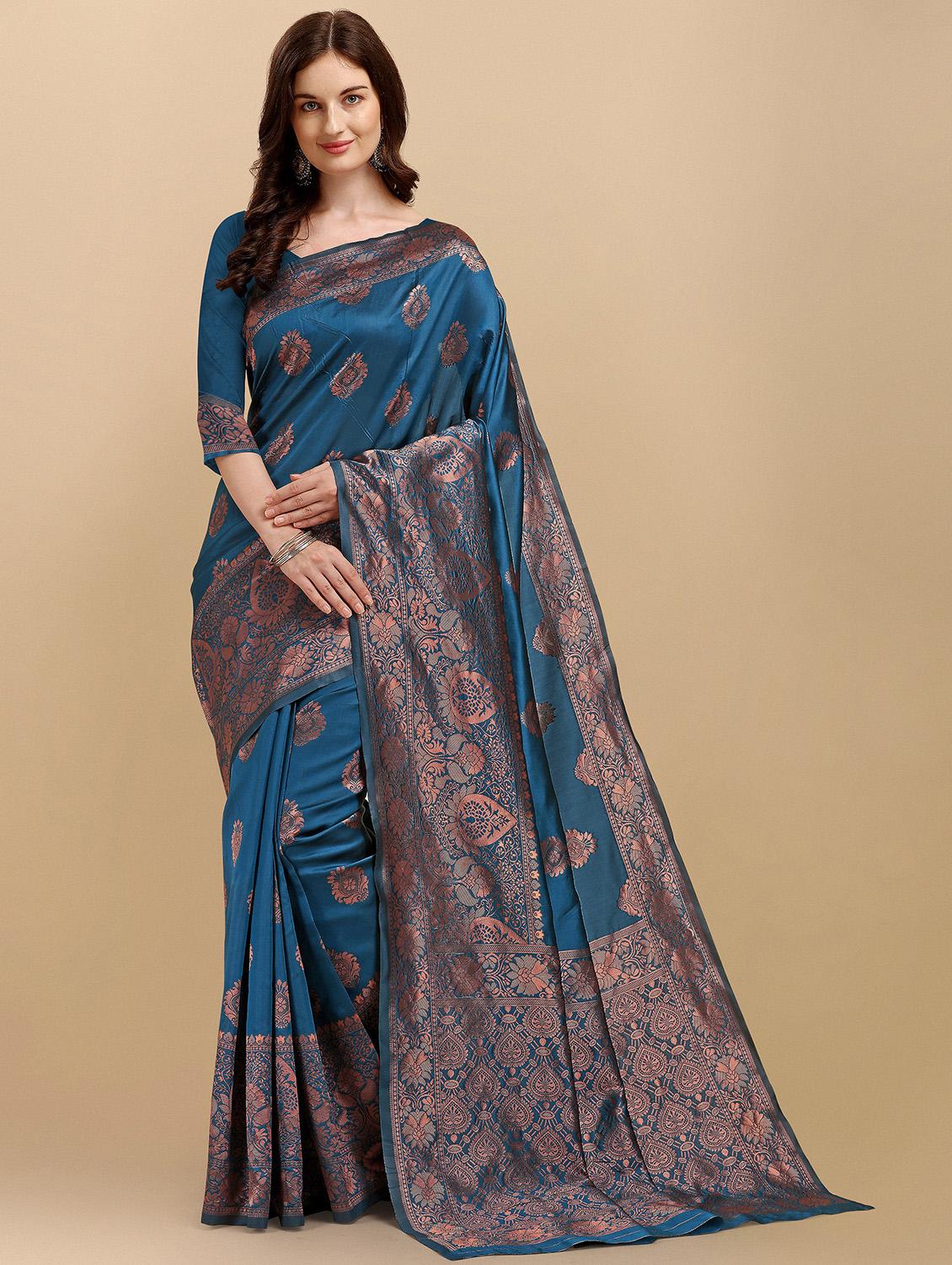 women teal self design banarasi saree with blouse - 21028719 - Standard Image - 3