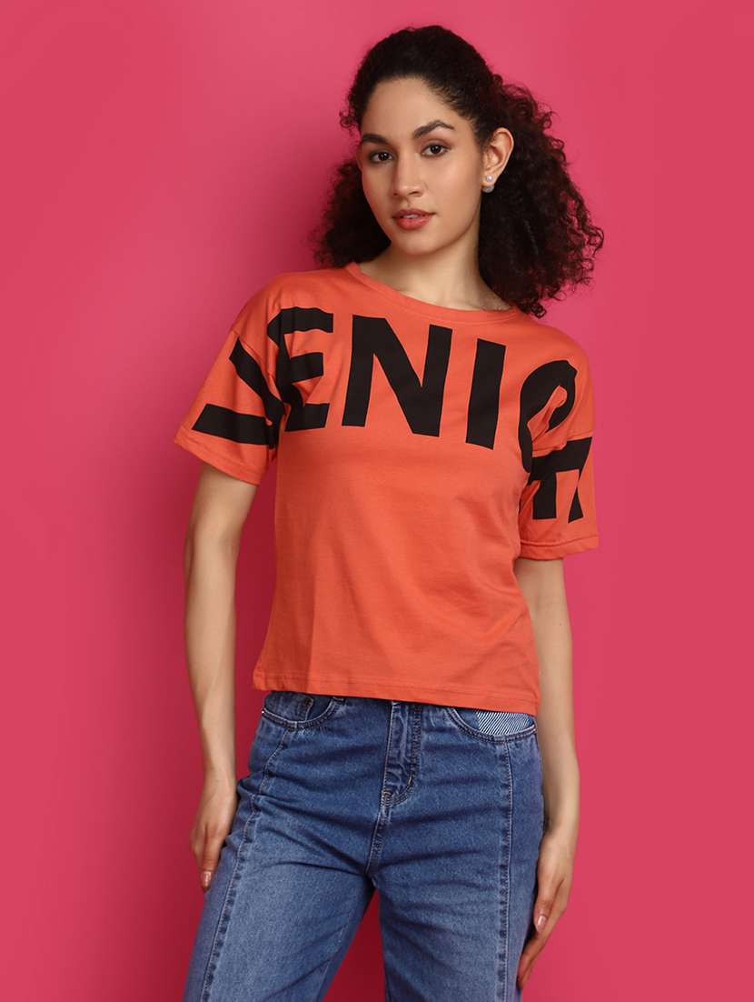 women orange typographic printed regular t-shirt