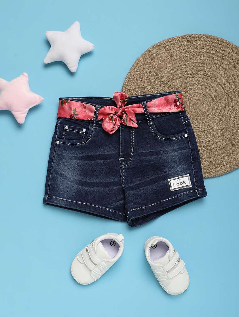 girls blue solid denim shorts