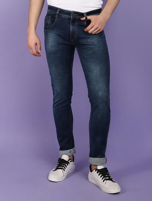 men solid blue washed detailed denim jeans - 21029008 - Standard Image - 0