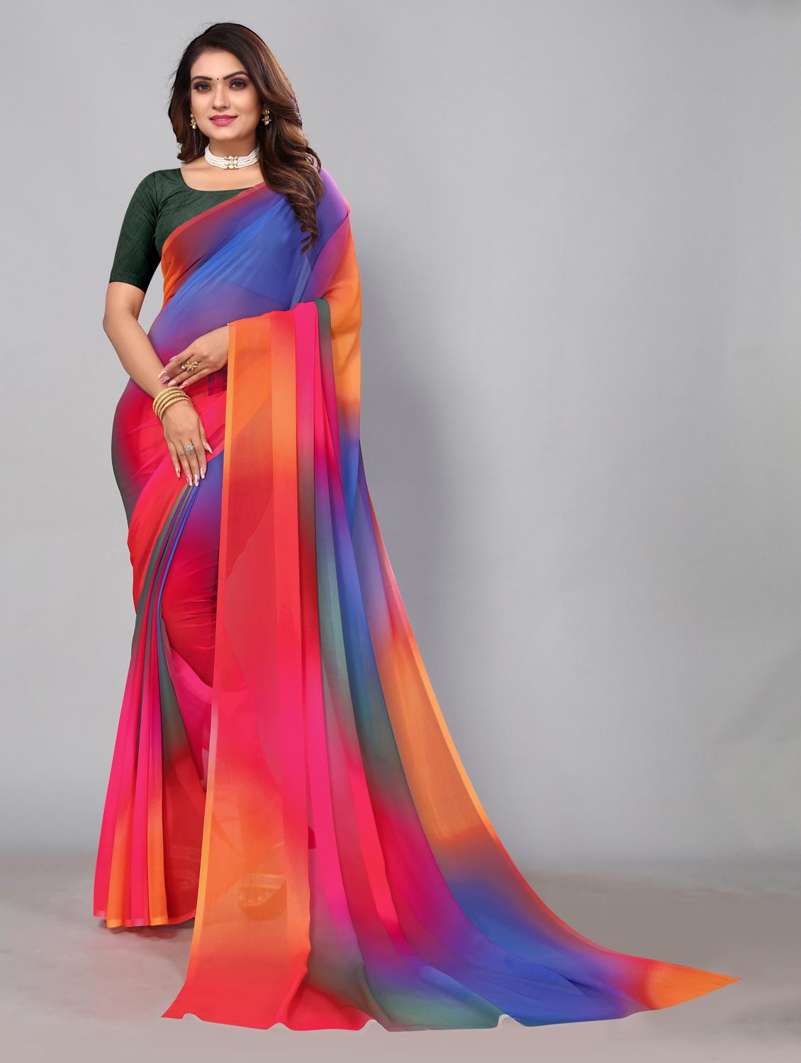 red georgette printed saree with blouse - 21029148 - Zoom Image - 0