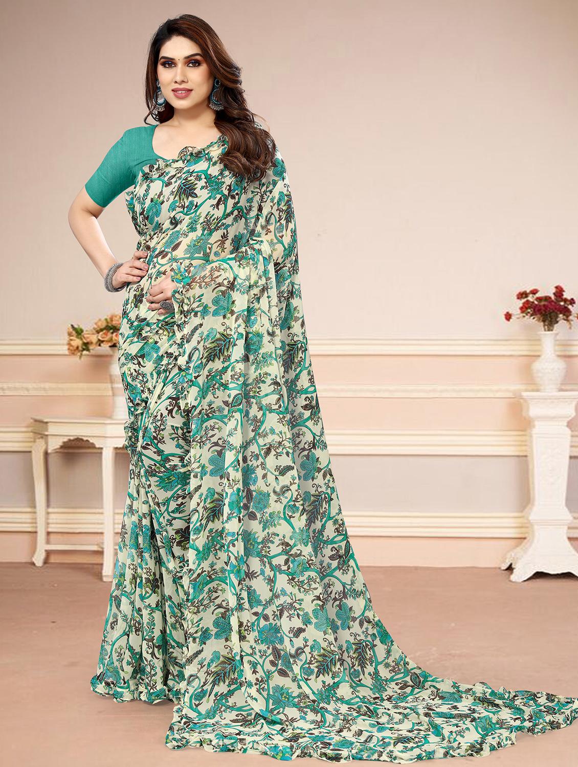 cream georgette ruffle saree with blouse - 21029152 -  Zoom Image - 0