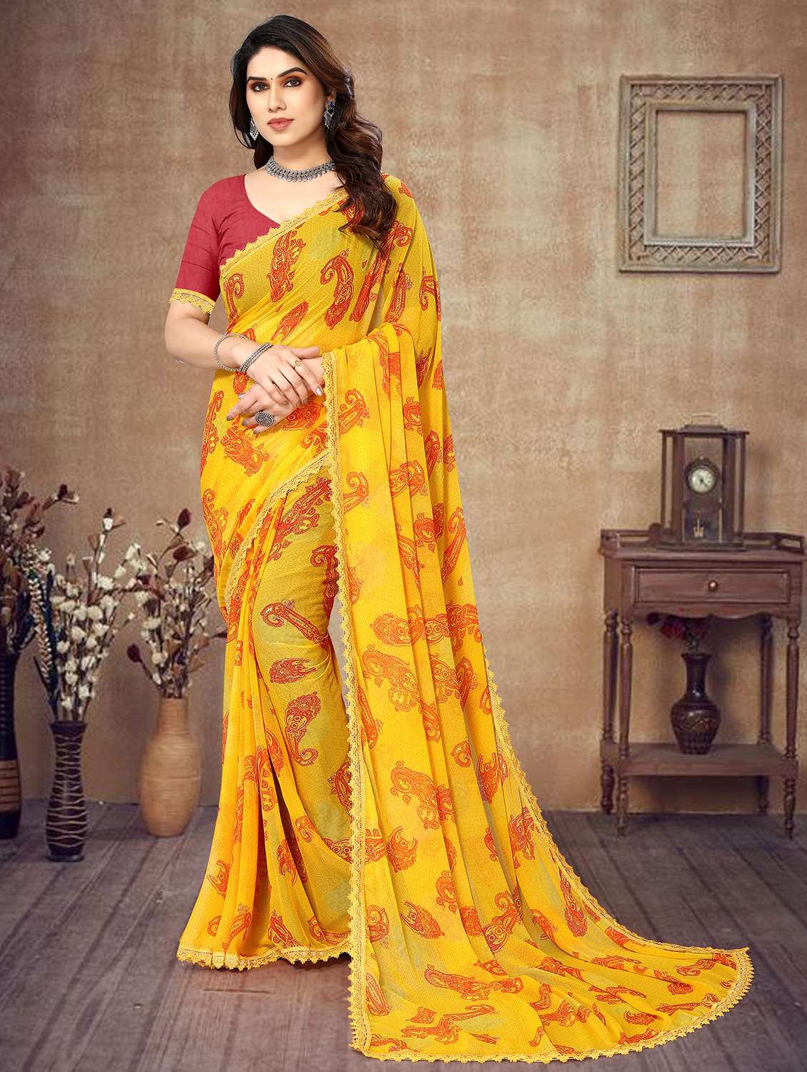 gold georgette bordered saree with blouse