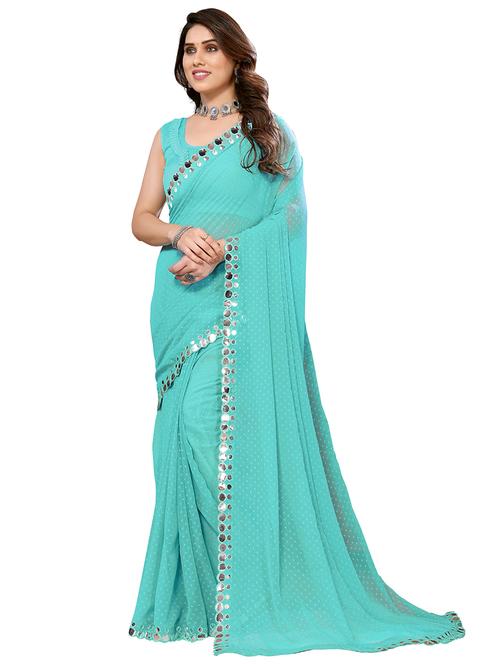 turquoise self design saree with blouse - 21029186 - Standard Image - 0