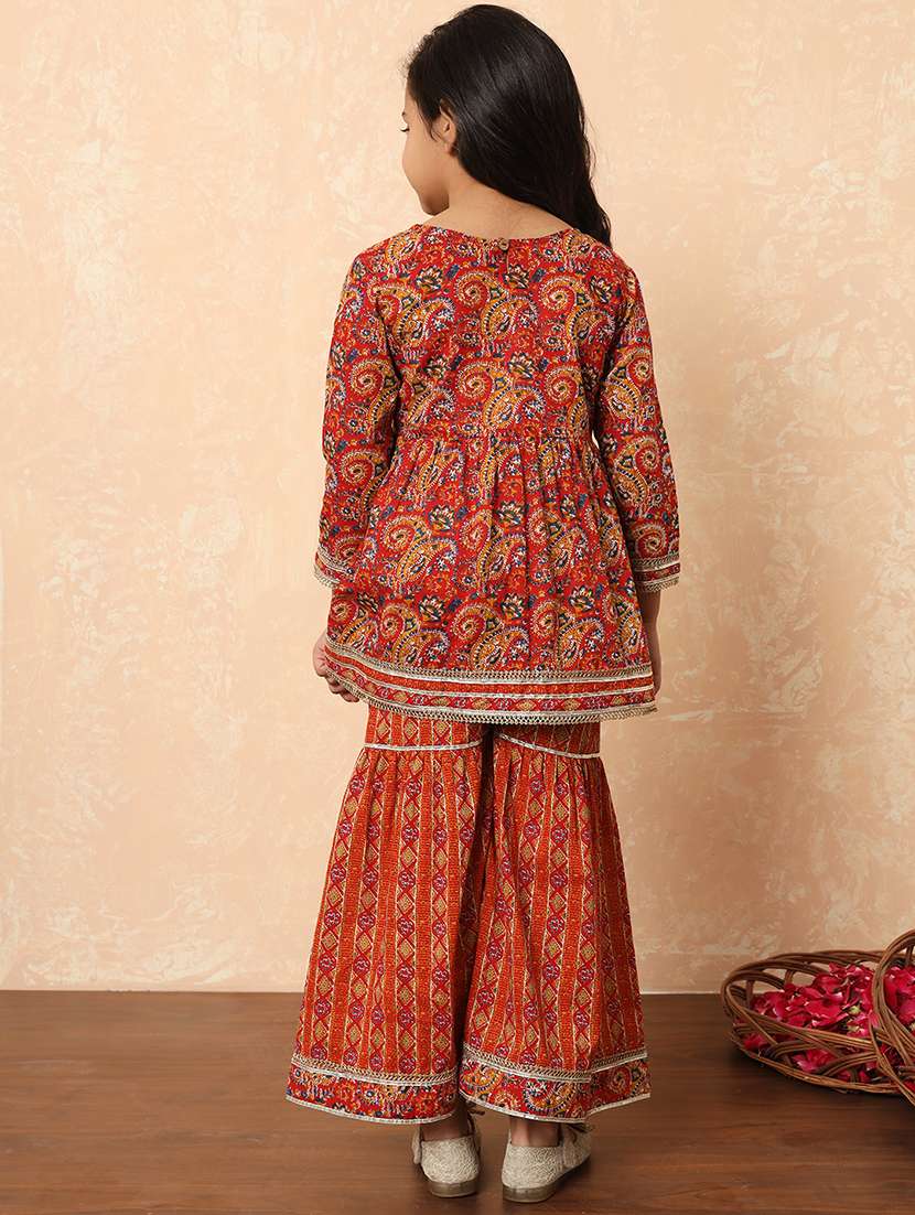 red printed cotton kurta sharara set - 21029828 -  Standard Image - 3