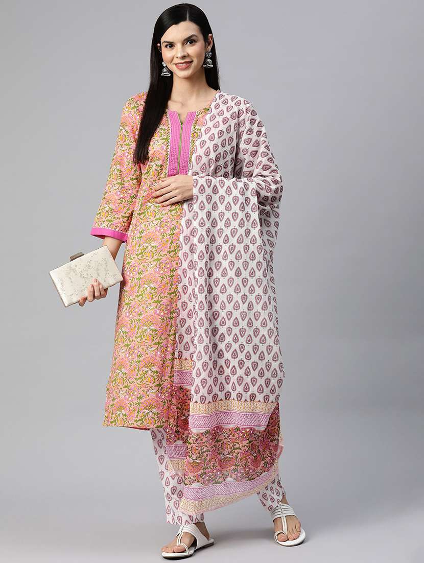 women three quarter sleeve kurta pant with dupatta set