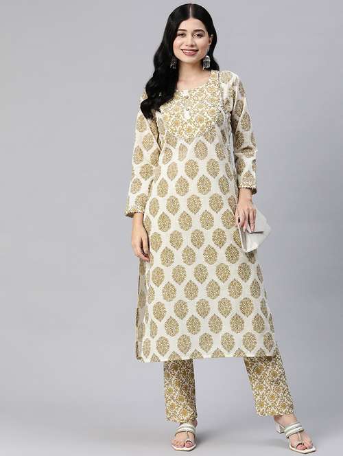 cream floral printed kurta pant set - 21031193 -  Standard Image - 0