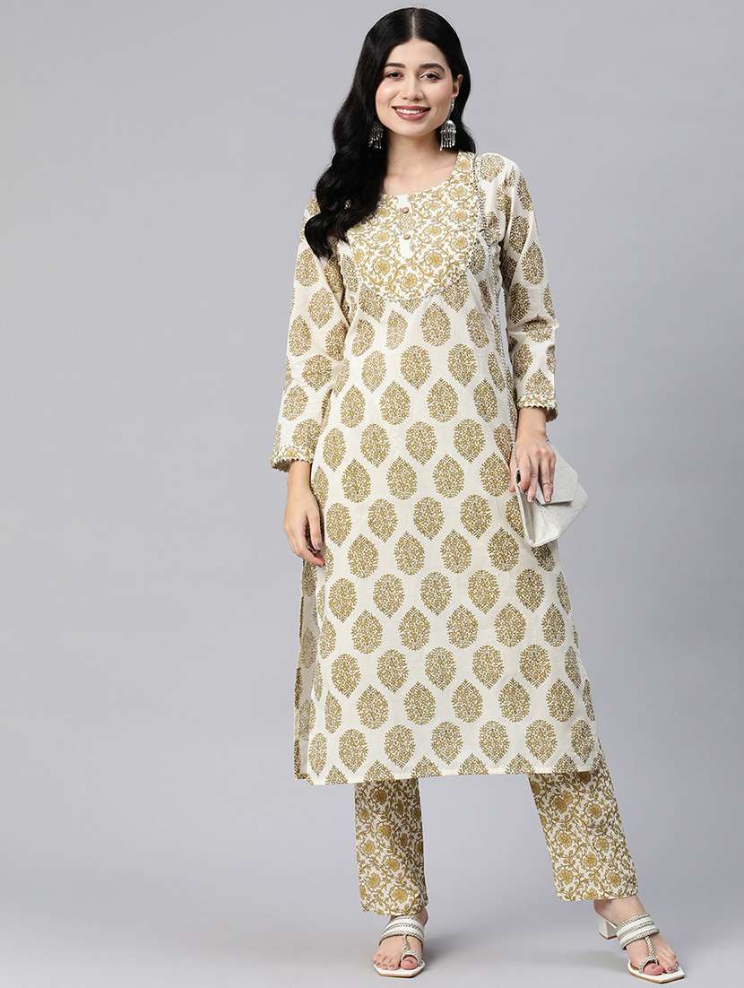 cream floral printed kurta pant set - 21031193 -  Zoom Image - 0