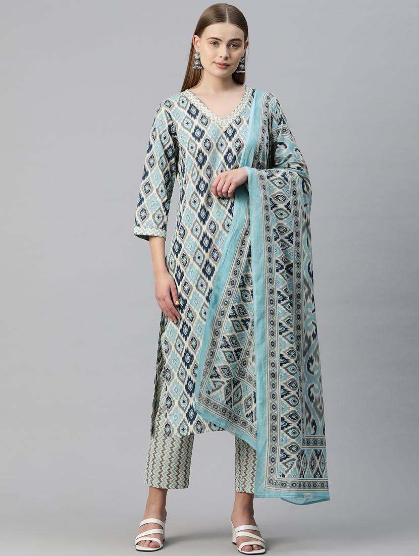 women three quarter sleeve kurta pant with dupatta set