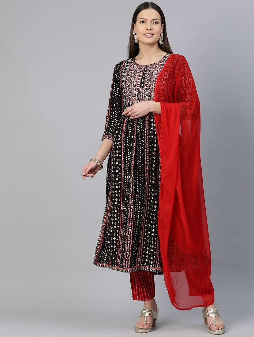 women three quarter sleeve kurta pant with dupatta set