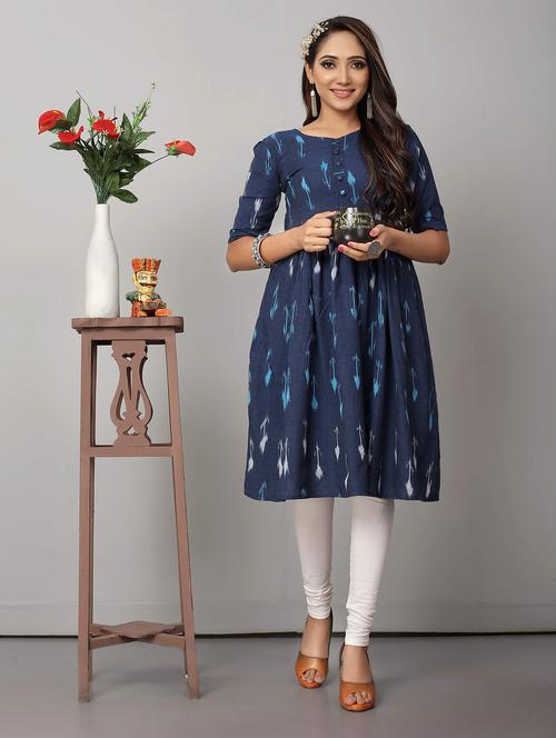navy blue short sleeve flared kurta - 21031757 - Standard Image - 0