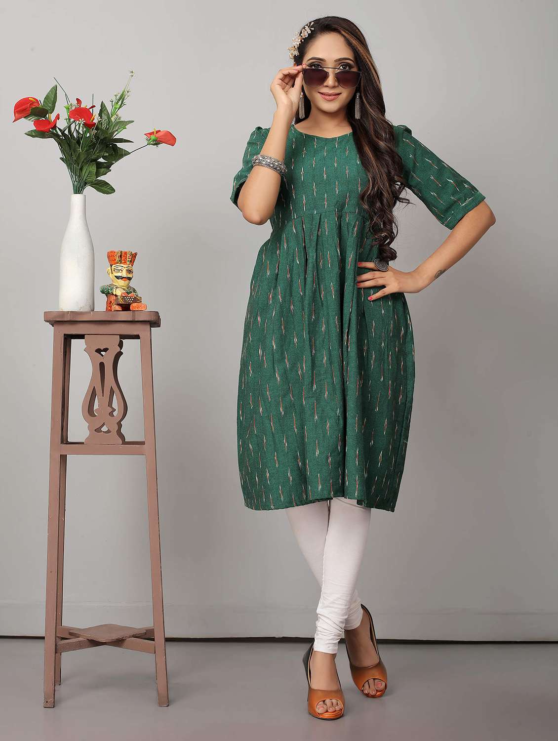 green short sleeve flared kurta - 21031759 -  Zoom Image - 0