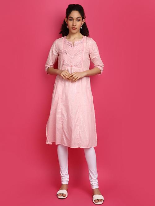 pink mirror work cotton kurta - 21031849 - Standard Image - 0