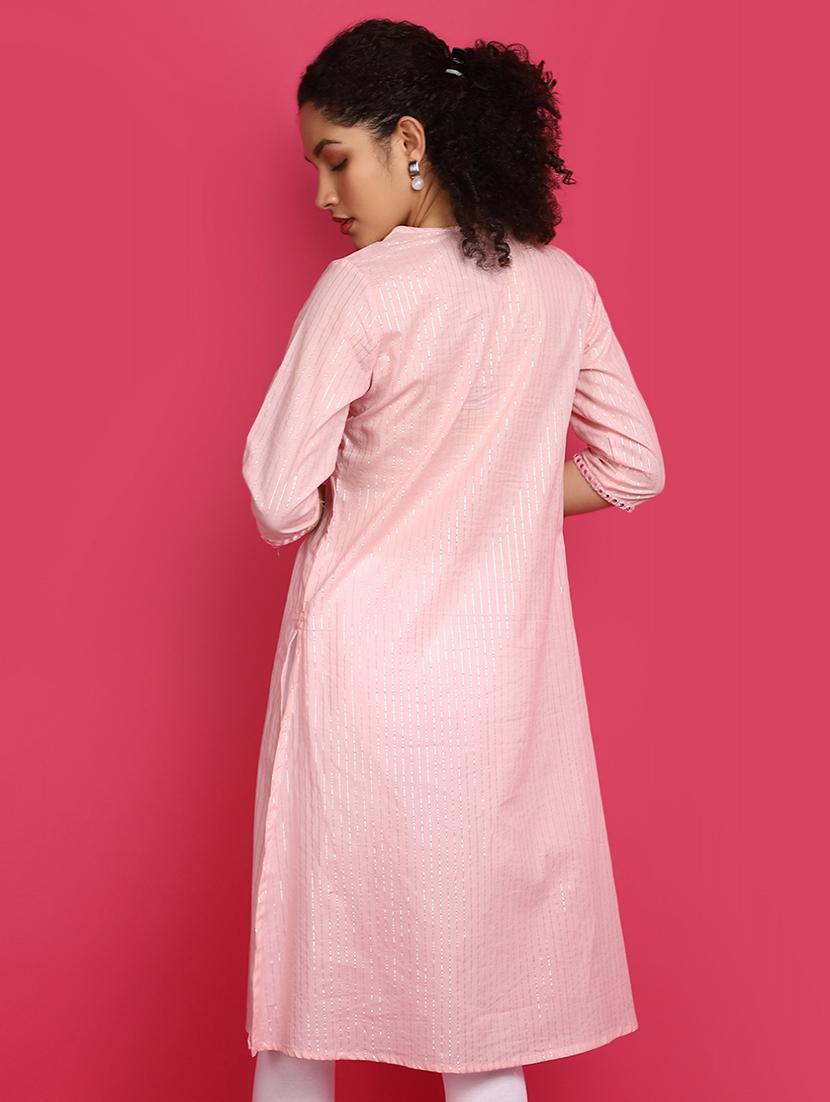 pink mirror work cotton kurta - 21031849 - Standard Image - 3