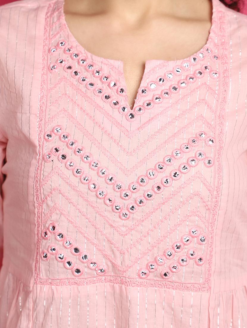 pink mirror work cotton kurta - 21031849 - Standard Image - 5