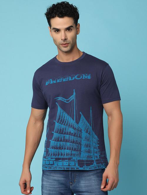navy blue cotton front print tshirt - 21031879 - Standard Image - 0