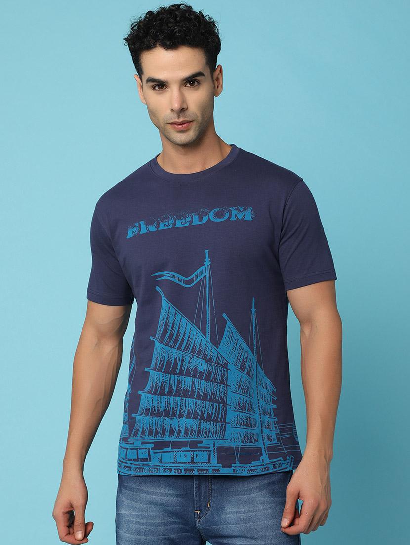 navy blue cotton front print tshirt - 21031879 - Zoom Image - 0