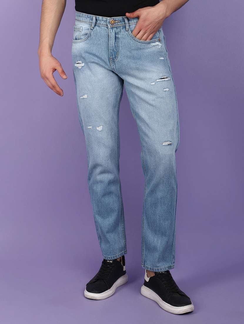 men light blue distressed slim  fit jeans