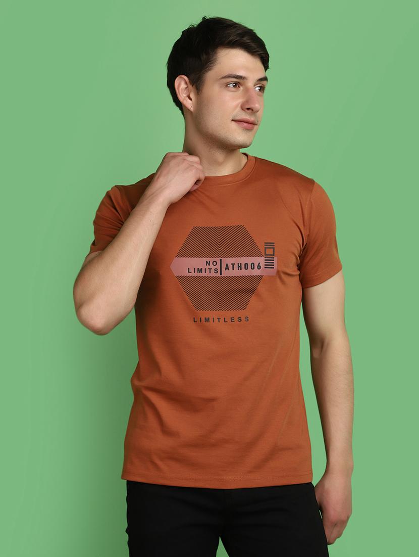 rust cotton blend front print t-shirt