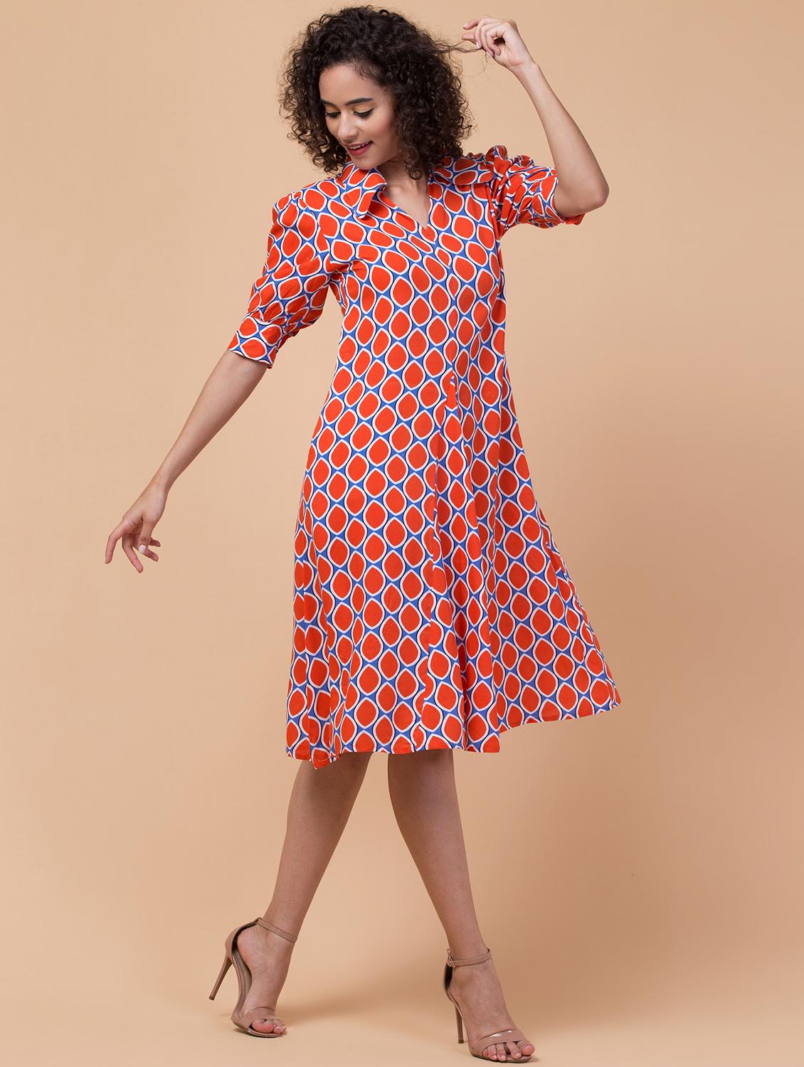 orange printed rayon a-line dress - 21032342 - Standard Image - 3