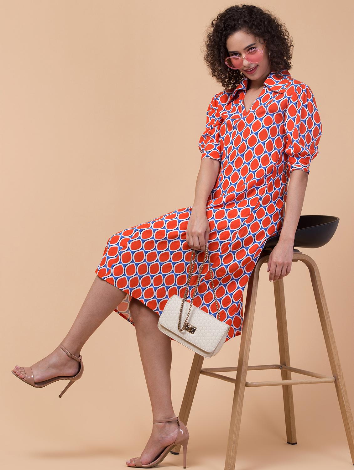 orange printed rayon a-line dress - 21032342 - Standard Image - 5