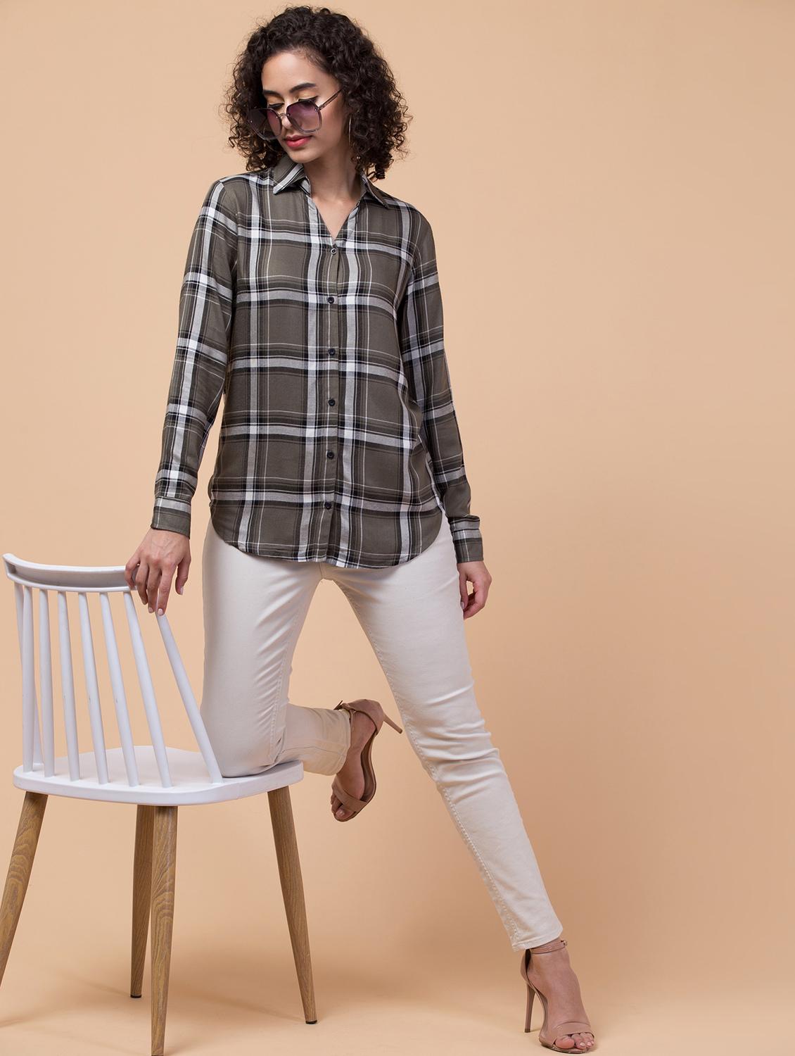 women shirt collar plaid regular shirt - 21032354 - Standard Image - 5