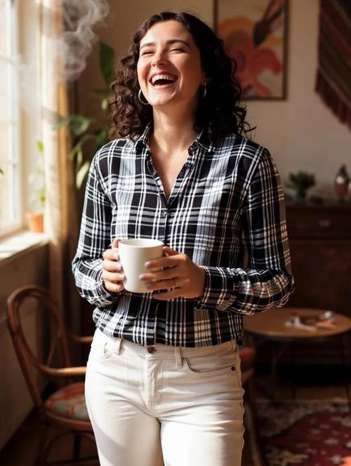 women checkered rayon shirt - 21032356 -  Standard Image - 0