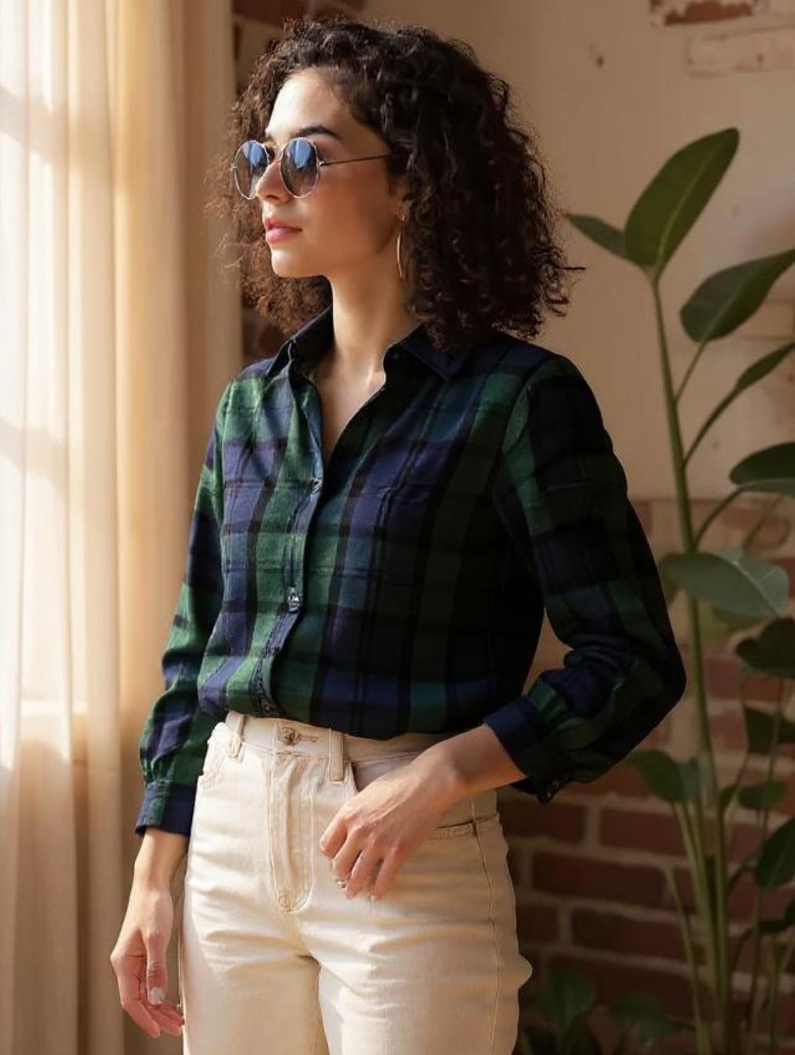 women shirt collar plaid regular shirt - 21032392 -  Zoom Image - 0
