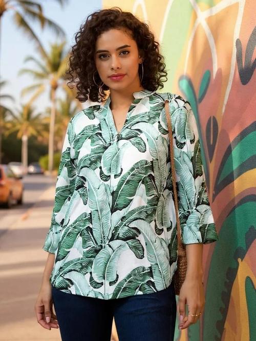 women leaf printed shirt top - 21032527 - Standard Image - 0
