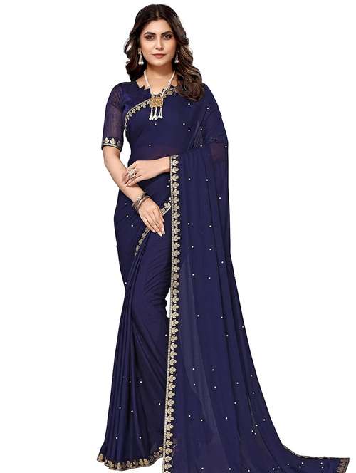 Women Blue Embellished Lace Work Saree With Blouse