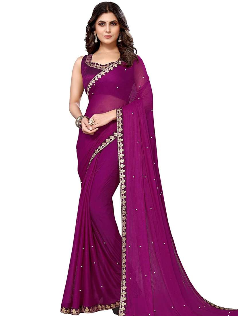 women purple embellished lace work saree with blouse