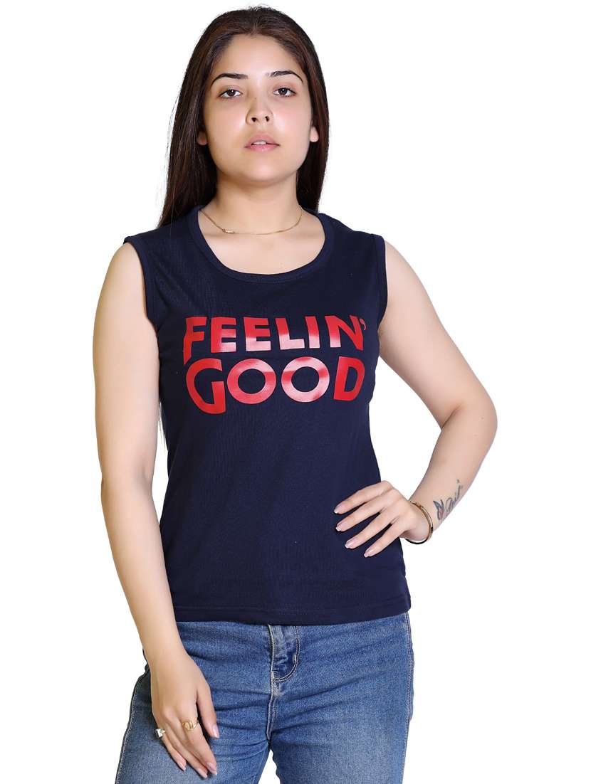 women chest print cotton sleeveless t-shirt
