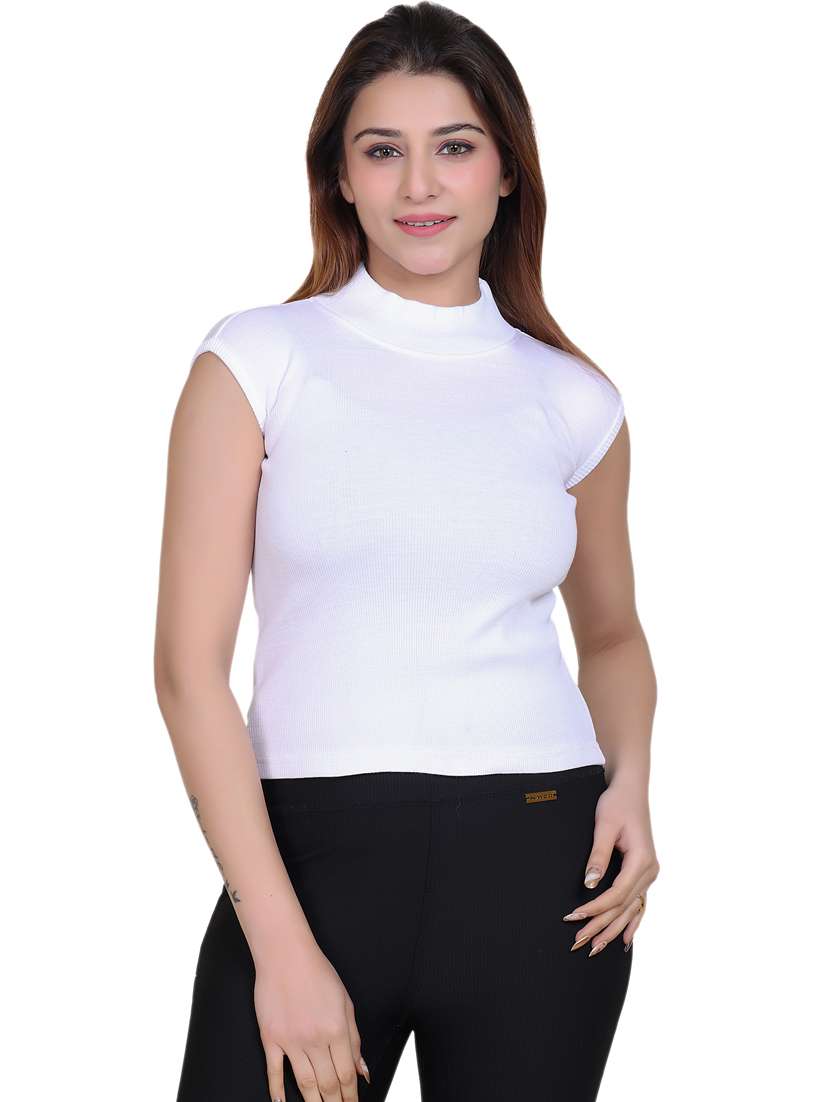 white solid high neck cotton t-shirt