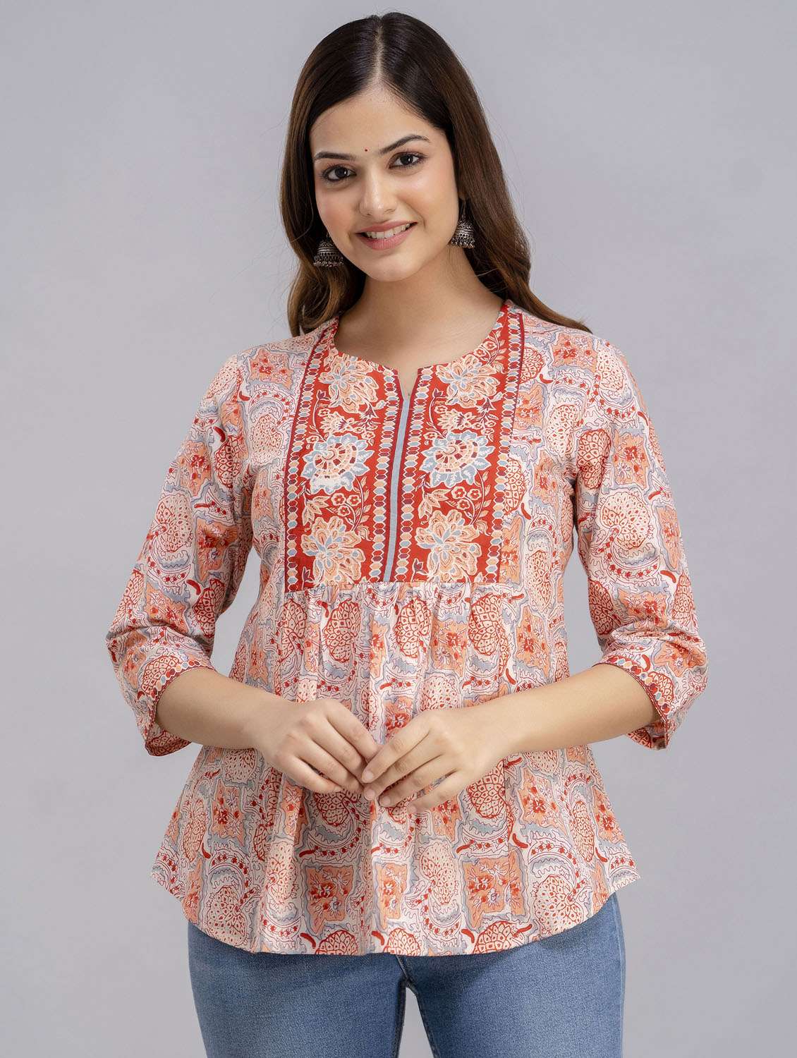 red floral print cotton tunic