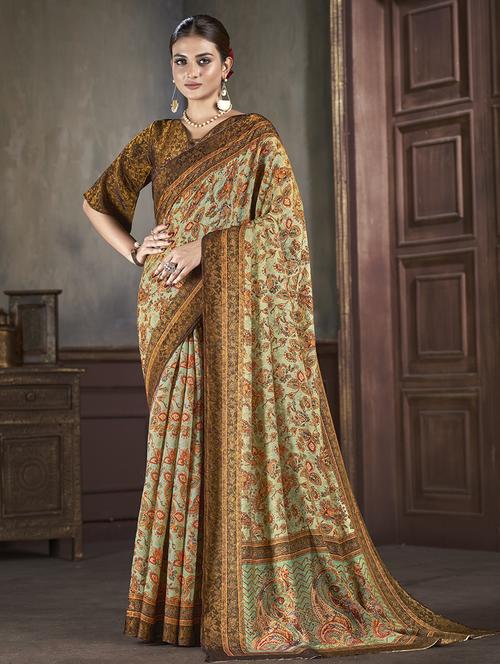 women green paisely printed saree with blouse - 21033971 -  Standard Image - 0