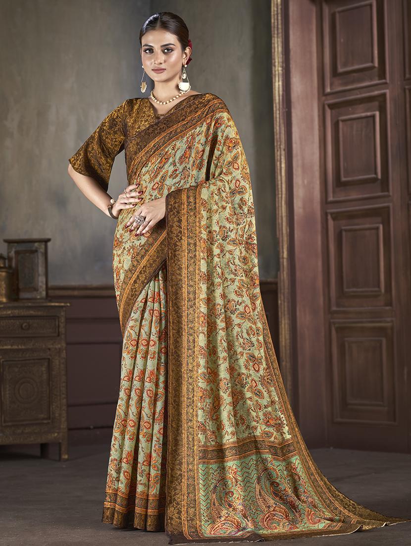 women green paisely printed saree with blouse - 21033971 -  Zoom Image - 0